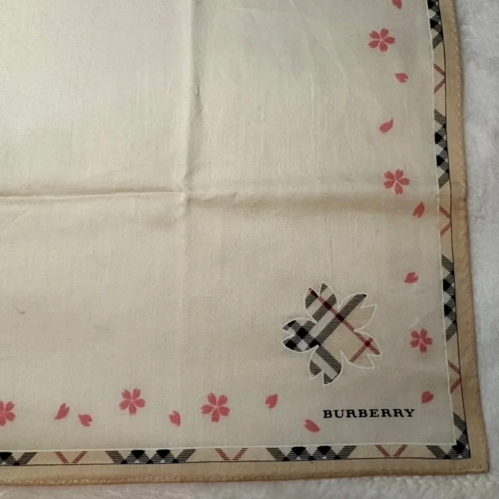 Vtg BURBERRY Scarf Handkerchief Cherry Blossom Cream 19.5